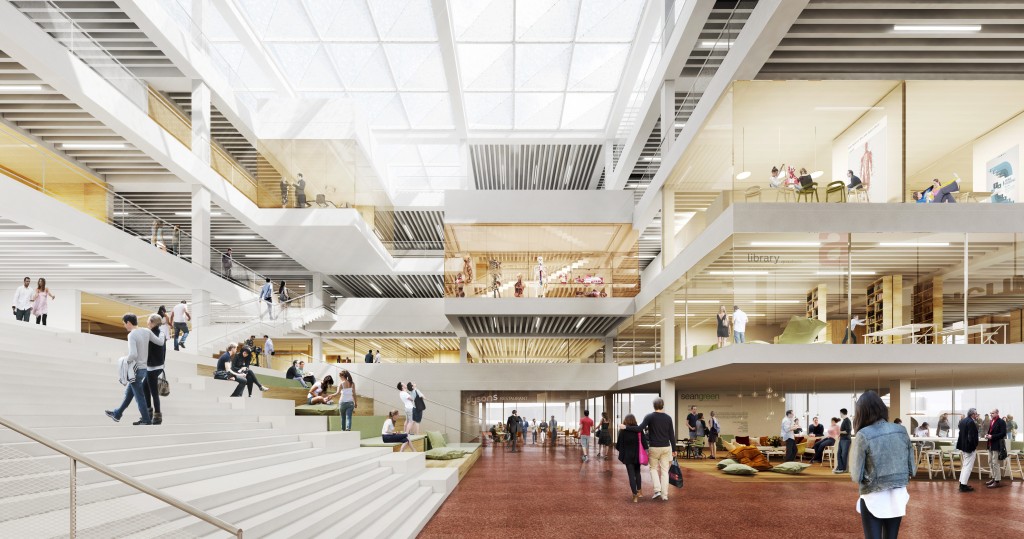 Interiören i Henning Larsens förslag ger stora publika ytor och skapar en öppen och ljus mötesplats.