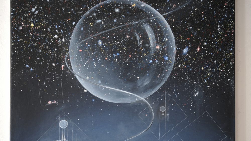 "Oändligheten i samvetets ljus med Atropos" av Ylva Snöfrid.Skiss av Ylva Snöfrid, sfär i kosmosliknande landskap